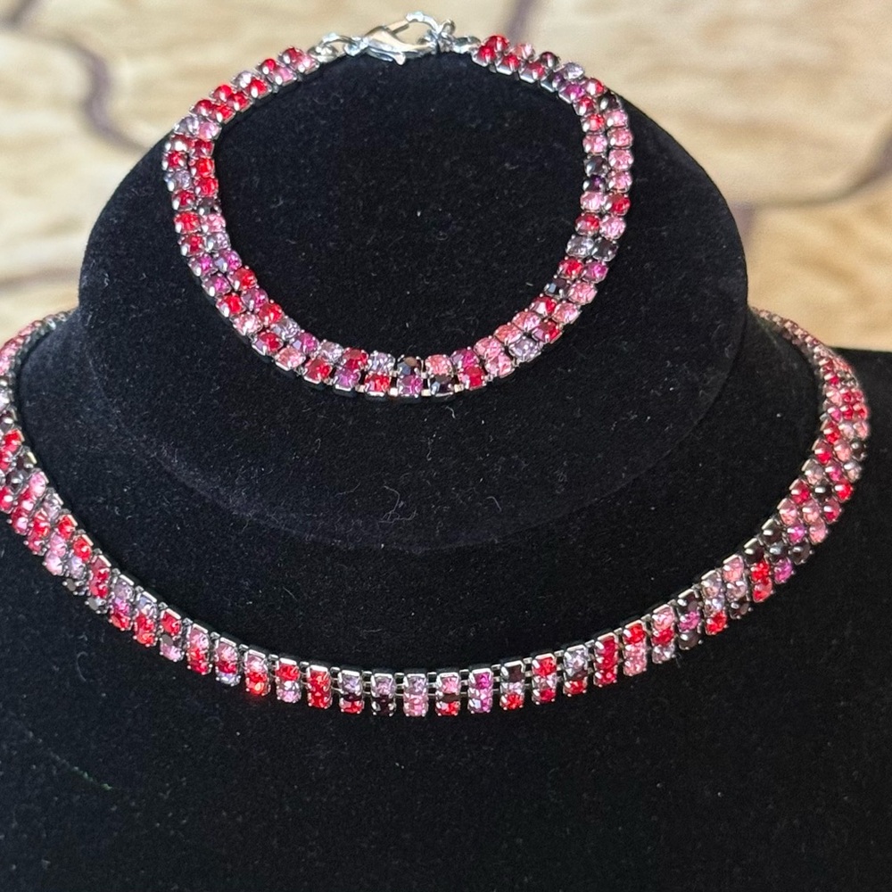 Sparkling Pink & Red Crystal Tennis Necklace Set